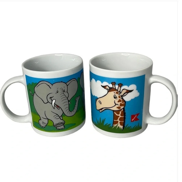 VINTAGE Kmart Animal Coffee Mugs Giraffe Elephant Set of 2 White Graphic 8oz - Picture 1 of 7